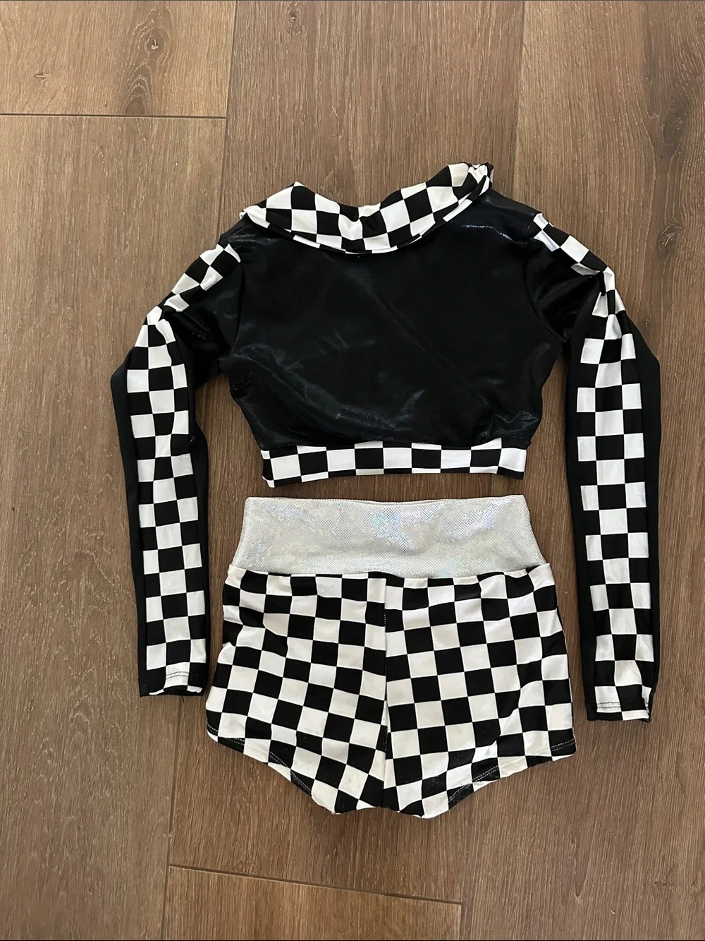 Pumpers Black & White Checkered Kids dance/jazz  outfit with Red Star Accent.